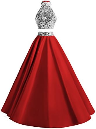 KYD Women's Two Piece Prom Dress Sequined Long Party Gowns Evening Dresses(Red 8)
