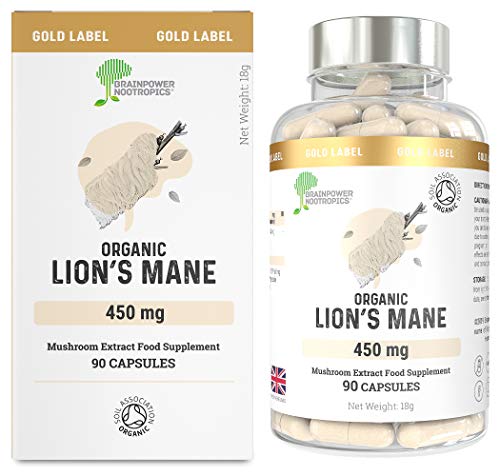 (Nouveau) Champignon Crinière de Lion/Hydne Hérisson Biologique 450mg | 90 gélules |Organe de fructification entier 12:1 Double extraction | 50% Polysaccharides, 30% Bêta Glucane & Hydne Hérisson |