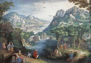 GFM Painting Handmade Oil Painting Reproductions of Mountain Landscape With River Valley And The Prophet Hosea,Oil Painting by Gillis van Coninxloo - 72 By 96 inches