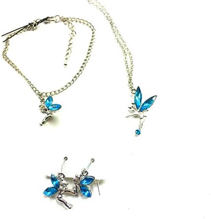 Girls 3 Piece Flying Fairy Necklace Bracelet Earrings Diamante Tinkerbell Sparkle Gifts Adjustable (Blue)
