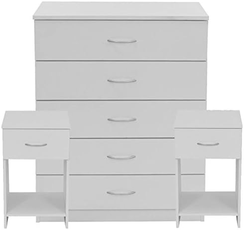 devoted2home Bedroom Furniture 3 Piece Set White with Silver Handle, 5 Drawer Chest & Bedside Table x2, 33.0 x 34.3-66.8 x 56.6-88.5cm. 5 Large Draws with 2 Smaller Draws and Open Storage Shelf