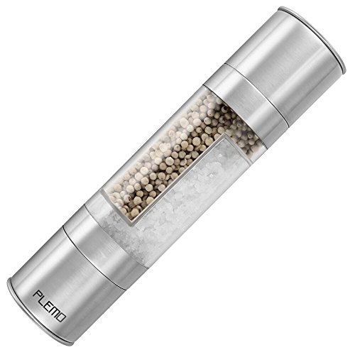 Plemo Salz- und Pfeffermühle 2-in-1 Set aus Edelstahl einstellbarem Mahlgrad unbefüllt mit Keramikmahlwek | Höhe 23,2cm | Design Geschenke für Köche und Gourmets