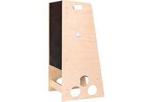 MAMI SRL Learning Tower in Legno con Scivolo Torretta Montessoriana per Bambini Sgabello Pedana Bimbo Apprendimento con 3 Livelli di Altezza (Legno naturale, Lavagna)