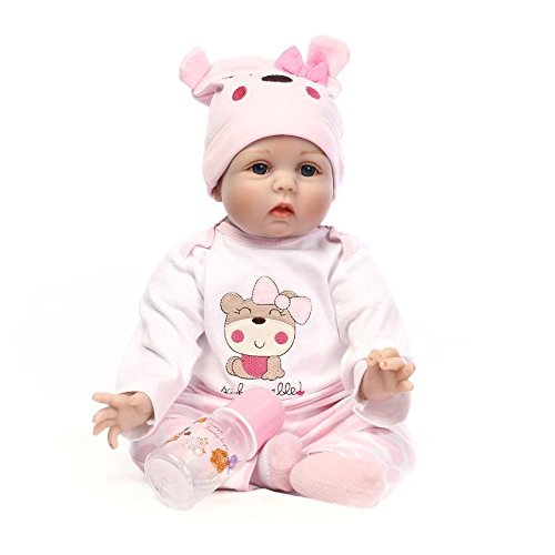 Nicery Reborn Baby Doll Réincarné bébé Poupée Doux Simulation Silicone Vinyle 22 Pouces 55cm Bouche Qui Semble Vivant Garçon Fille Jouet Vif réaliste Âge 3+ Pink Bear Lucy