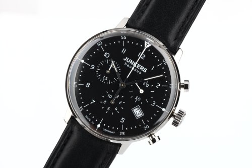Junkers Men's Bauhaus Quartz Watch with Black Dial Chronograph Display and Black Leather Strap