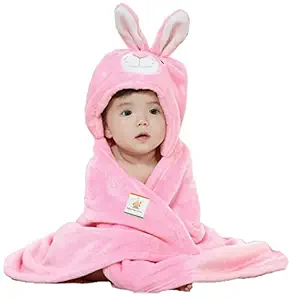 BRANDONN Cotton Ultra Soft Organic Premium Bathrobe Cum Bath Gown for Babies Cum Baby Bath Towel (Pink Rabbit)