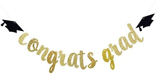 Qttier Congrats Grad Gold Glitter Banner-Graduate Party Decorations