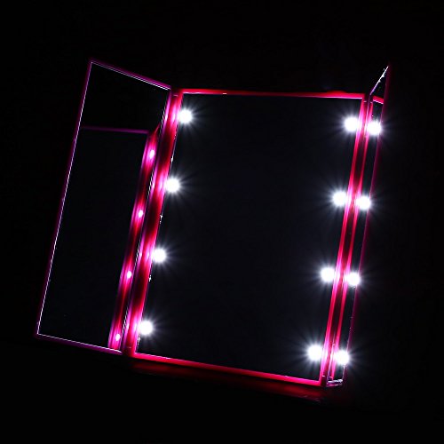 Hommii Faltbarer beleuchteter Schminkspiegel, Trifold Kosmetikspiegel Standspiegel Make Up Spiegel Klappspiegel mit 8-LEDs für die Reise oder das Bad (Batterie im Lieferumfang enthalten) - 6