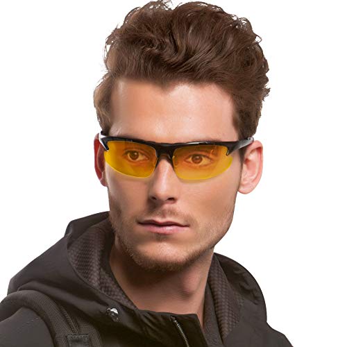 LVIOE Lunette de Conduite Vision de Nuit Nocturne Sport Semi-cerclées Métal Monture Anti Eblouissement Polarisée - UV400 Protection (Noir/Jaune)