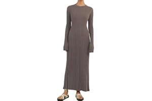 RTGSE Frauen mit langem Ärmel Rib strickte Lange Kleid eleganter Crew Hals gerippt gestrickt Midi Kleid Feste Farbe Maxi Kleid Streetwear