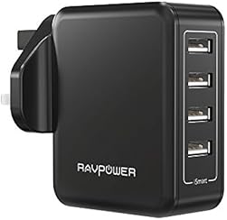 USB Charger RAVPower 40W 8A 4-Port Wall Charger with iSmart 2.0 (UK Mains Plug, Fast and Safe) Charging for iPhone 7 / 6s / 6 Plus 5s, iPad, Mobile Phones, Tablet and Battery Packs -Black