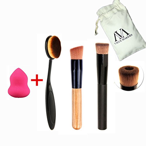 VALUE MAKER 3+1 Makeup Brush Set-3Pcs Professional Makeup Brushes Set+Makeup Sponge-Face Powder Liquid Foundation Oval Cream Concealer Makeup Brushes-Beauty Cosmetics-Make Up Cleaning Sponge Powder Puff-Makeup Kit with Portable Travel Pouch (Brush+Makeup Sponge)