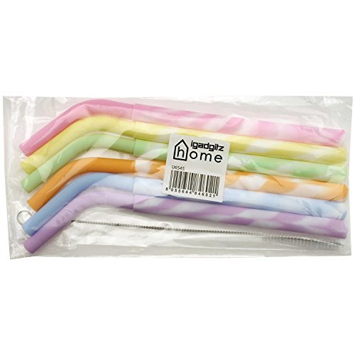 igadgitz Home wiederverwendbar 100% lebensmitteltauglichen BPA-freien weichem Silikon Gerade & biegbar Trinkstrohhalme mit Reinigungsbürste aus Metall – 6er Set (Lila, Orange, Gelb, Pink, Grün, Blau) - 4