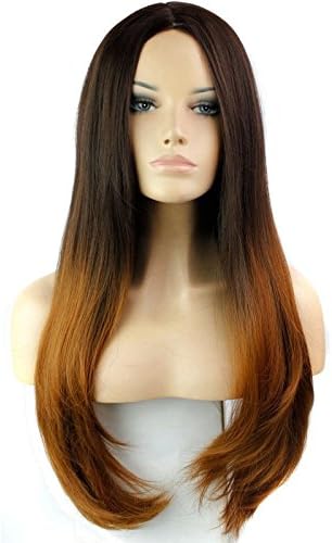 Long Straight Hair Two Tone Black and Blonde Ombre Wig Heat Resistant Fiber Dark Roots Blonde Wig Synthetic Wigs 26inches