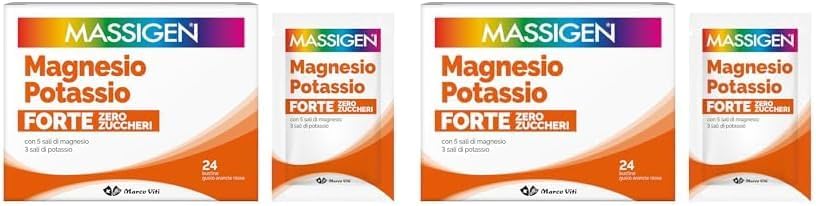 Massigen - Magnesio e Potassio Forte Zero Zuccheri, Gusto Arancia Rossa, Integratore con 5 Sali di Magnesio e 3 Sali di Potassio, 24 Bustine da 8 g (Confezione da 2)