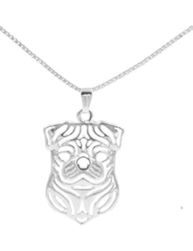 Halskette mit Mops-Anhänger Versilbert 45,7cm (in Organza-Beutel)