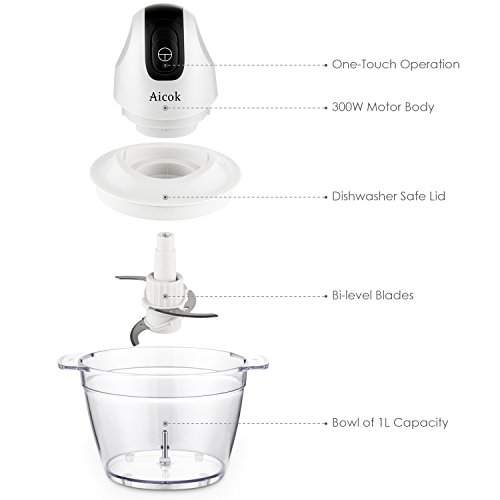 Aicok mini multi Zerkleinerer, elektrische Finecut, Obst und Gemüse Zerkleinerer, Universalzerkleinerer mit 4 Edelstahl Messer und Multi-hacker, 300 Watt, 1L, Weiß - 2