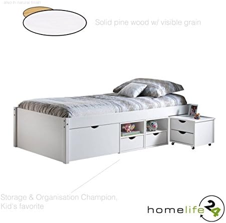 Single bed with storage (90x200cm), ottoman, 1 set of slats, 4 Shelves, 2 drawers, 1 mobile bedside table, solid pine wood, white finish