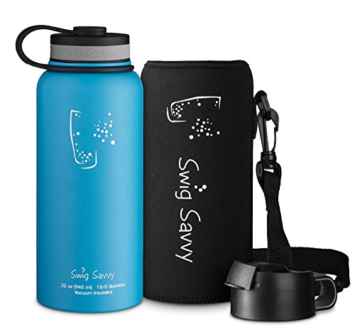 SWIG SAVVY Botella de Agua de Acero Inoxidable Aislado, Capacidad de Boca Ancha, Para Bebidas Frías y Calientes, Incluye Funda y Tapa de Café 32 onzas Azul