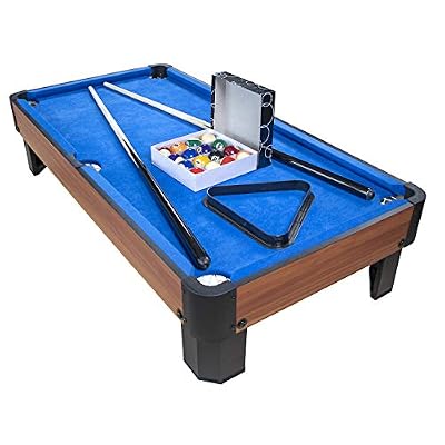 PLAY4FUN Billard de Table avec Accessoires - Kit Billard Compact de Bureau ou Salle de Jeu, 102 x 51 x 22.5 cm - Marron et Tapis Bleu