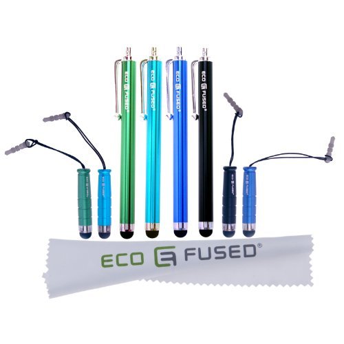 Universal Stylus Pen Paket einschließlich 4 langen und 4 kurzen Stylus Stiften / Kompatibel mit allen Touchscreen Geräten, inlklusive Android Tablets, iPod Touch, iPhone, Samsung Galaxy Tablet und weiteren / plus 1 ECO-FUSED® Mikrofaser Reinigungstuch (Schwarz / Blau / Hellblau / Grün)