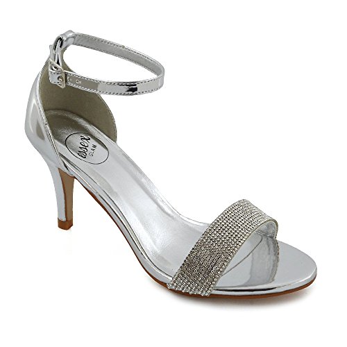Womens Party Sandals Low Heel Stiletto Peeptoe Ladies Diamante Ankle Strap  Shoes UK 38 EU US Silver Metallic
