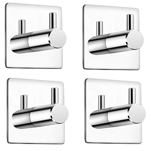 G Decor Confezione da 4 Ganci da Parete autoadesivi in Acciaio Inox Cromato Lucido per Cucina, Bagno, Impermeabili e antiruggine, 4,5 x 4,5 cm + 4 Supporti Adesivi 3M Extra