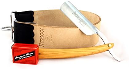 RAZZOOR 3-part Straight Razor set Olive Ultra- Exclusive razor set with stainless steel blade - Strop made of genuine buffalo leather, strop belt paste from Solingen