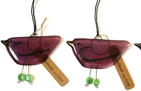 Fused glass hanging bird decoration in iridescent mauve BD429
