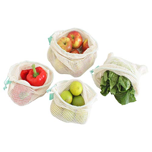 Earthtopia 4er Set Obst- und Gemüsenetze aus Bio-Baumwolle | Fair gehandelt und Wiederverwendbar | Gemüsebeutel Obstbeutel Einkaufsnetze (1x S, 2x M, 1x L)