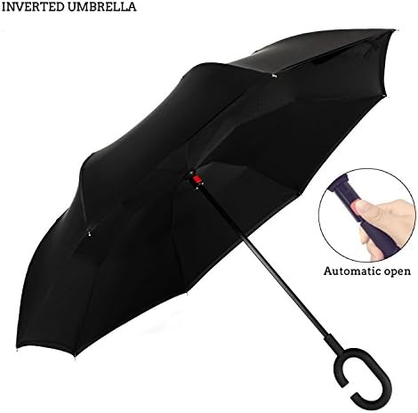 Inverted Umbrella Automatic Windproof For Car By AmbrellaOK Double Layer - C-Shaped Hands Free Handle - Inverted Upward Folding Design – Ideal Gift Men &amp; Women (AOblack)