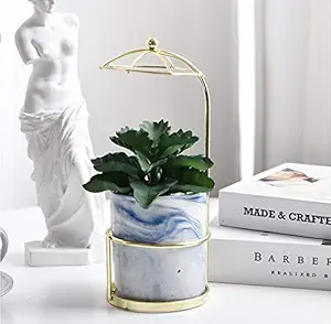 Artificial Plant with Pot Mini Potted Fake Succulent with Golden Metal Stand for Flower Arrangements 23 cm Ceramic (Blue)