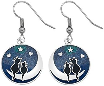 Silver Moon Blue Cat Hook Earrings