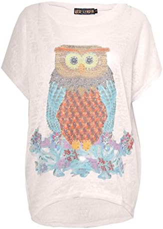 Qed Womens Sequined Owl Print Oversized Linen Look Top In Stone/Orange Size S/M