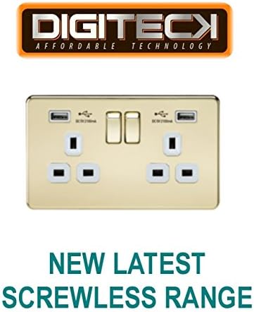 ML184 - LATEST SCREWLESS 2 GANG 13A DP SWITCHED SOCKET WITH DUAL USB CHARGER PORT POLISHED BRASS FINISH WITH WHITE INSERT