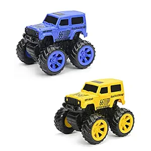 NHR Combo Pack of 2 Mini Friction Powered Unbreakable Cars for Kids Big Rubber Tires Pull Back Monster Toy Car for Baby Boys (Blue & Yellow)