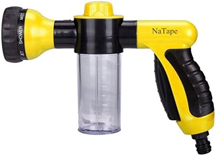 Garden Hose Nozzle Hand Sprayer with Soap Dispenser Foam Water Spray Gun, RSPrime Portable High Pressure Foam Clean Function 8 Pattern Metal Watering Nozzle for Car Washer Water Gun Garden/Lawn Watering, Home/Room Cleaning, Pets Washing (Yellow)
