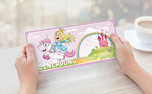 Prinzessin Einladungskarten mit Umschlägen (12er Set) zum Kindergeburtstag mit einem niedlichen, süßen Einhorn – Geburtstag-Einladungen für die Party bzw Feier in rosa und pink, ideal für Mädchen - 7