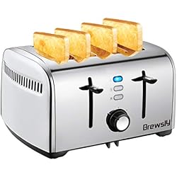 Brewsly Grille Pain Inox 4 Tranches, Toaster Multifonction 4 Fentes Extra Larges avec Controle de Temperature et Plateau de Miettes Amovible, 7 Niveaux Réglable, Sans BPA, 1700W  