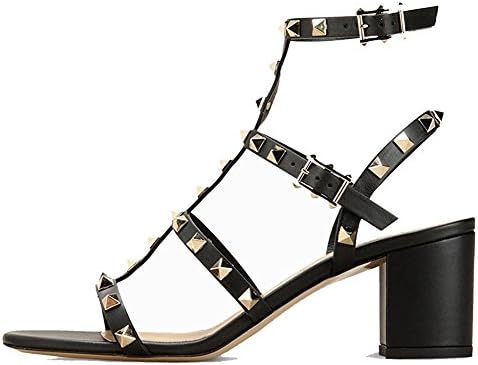 Jushee Women's Rivets Studded Slingback Gladiator Shoes Ankle Strap Block Heel Dress Sandals 6 UK