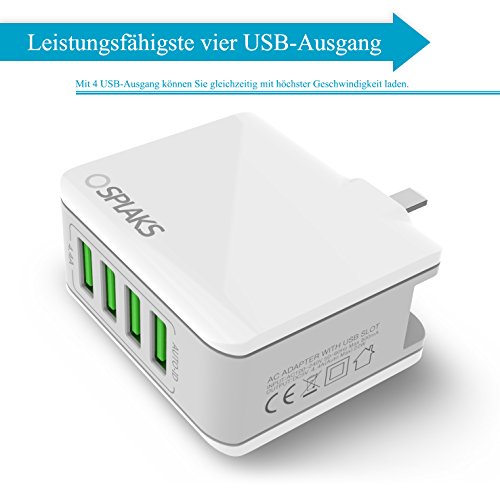 USB Ladegerät, Splaks [Built-in Safety Protection] 4-Port Schnell Aufladen Ladestecker Ladeadapter Ladegerät Charger USB-Netzteil mit Smart-Detective Technologie für iPhone iPad Tablet Samsung Galaxy, HTC, Sony, LG, Nexus,Motorola usw.EU-Stecker, weiß - 3