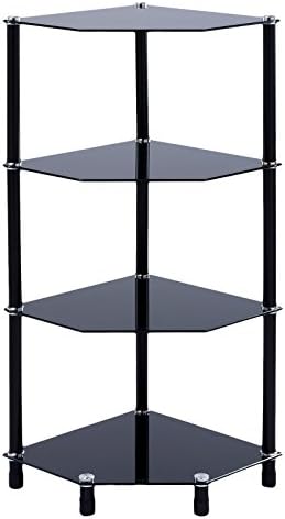 4 Tier Black Glass Corner Shelf Cut Square Shelving Unit Display Table Storage