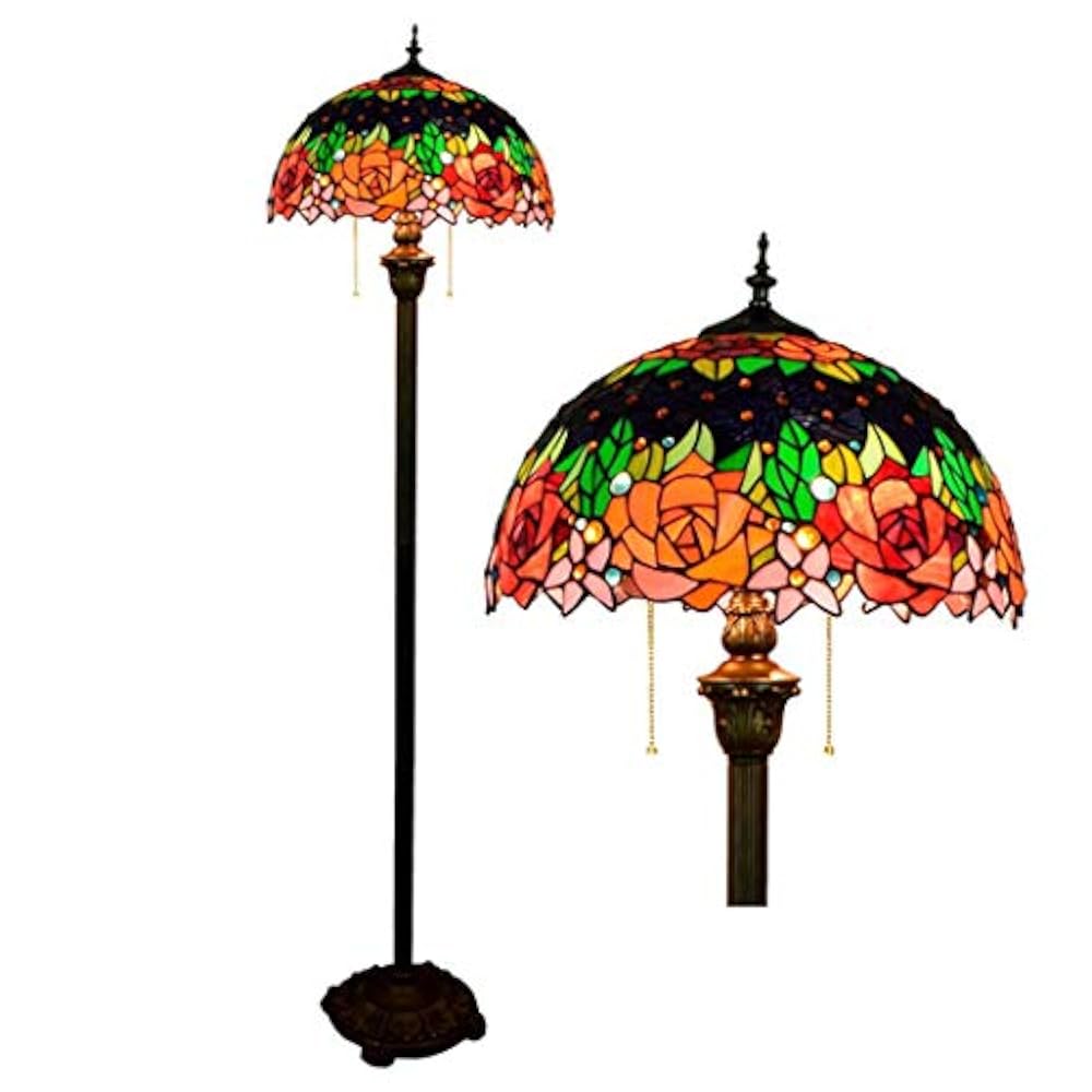 YJFFAN 16-Zoll-Fußboden Lampe Tiffany Style Buntglas Vintage Rose Floor Uplighter Wohnzimmer Dining Bar Leuchte E27 Reißverschluss Steh Licht