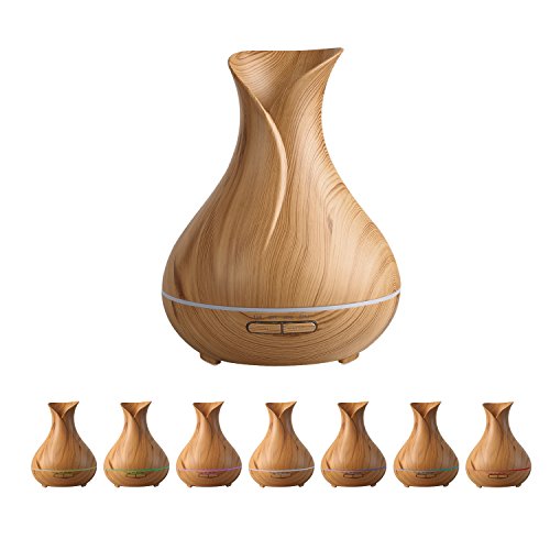 COOSA Hölzernes Getreide, 400ml Aroma wesentlicher Diffuser, kühler Ultraschall Nebel, Luftbefeuchter mit buntem hellem justierbarem Nebel, wasserloses Auto-Abschaltung für Hauptyoga Büro Badekurort (Hell)