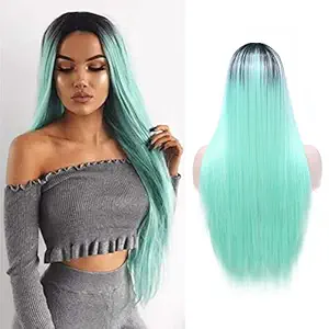 26, Black&Mint Green: Wiger Ombre Wig Dark Roots Middle Parting Long Natural Straight Hair Wigs 26