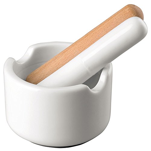Thomas 69066-321319-05705 Porzellan-Mörser 3-teilig, Durchmesser 11 cm, Höhe 7 cm - rutschfester grauer silikonboden - enthält 1 Stößel aus Porzellan und Holz Buche