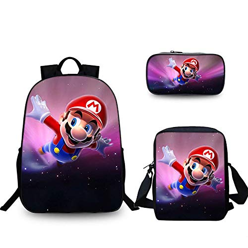 Preisvergleich Produktbild Super Mario Muster Schulrucksack Mit Umhängetasche Bleistiftbeutel für Jungs Mädchen Personalisiert Drucken,A