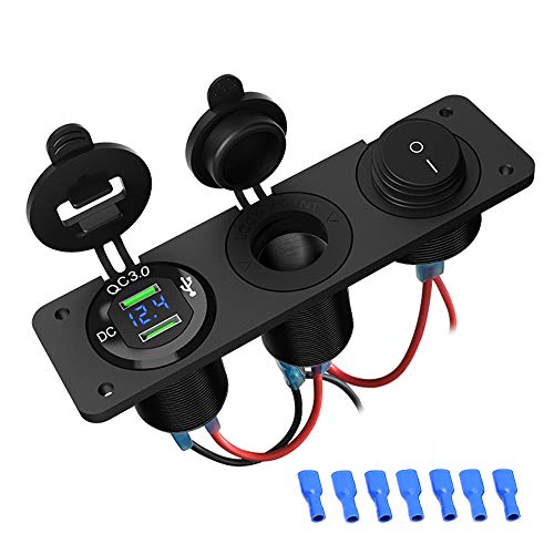 SONRU Presa USB per Auto, Doppia QC3.0 USB, Caricabatteria per Moto 12V/24V, con Accendisigari, Impermeabile e Antipolvere Voltmetro LED, Interruttore On/off per Veicoli Moto Auto Barca Marino