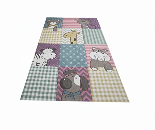Kinderteppich Spielteppich Kinderzimmer Teppich niedliche Bunte Tiere mit Konturenschnitt mit Hund Giraffe Zebra Bär Katze Nilpferd in Pastellfarben Rosa Türkis Lila Senfgelb Grau Grün Creme Beige Bunt Größe 120×170 cm - 2