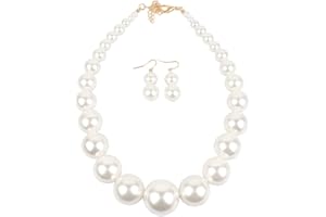 Borsgye Große Perlen Schmuck Set Nachgemachte Perlenkette Kirsch Armband Ohrstecker Damen Halskette Runde Zuchtkette Statement mit Perlen Ohrringen für Hochzeit Events Party - 8052